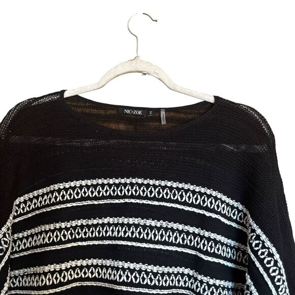 NIC+ZOE Sweater Top Petite Medium Black White Knit Stripe Pullover Linen Blend - Picture 2 of 9